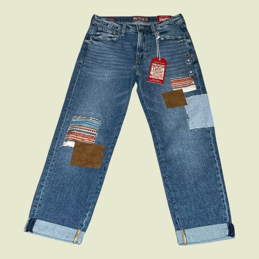 NEW Lucky Brand Legend Boy Mid Rise Relaxed Straight Patchwork Jeans Womens 0/25 - Picture 2 of 13